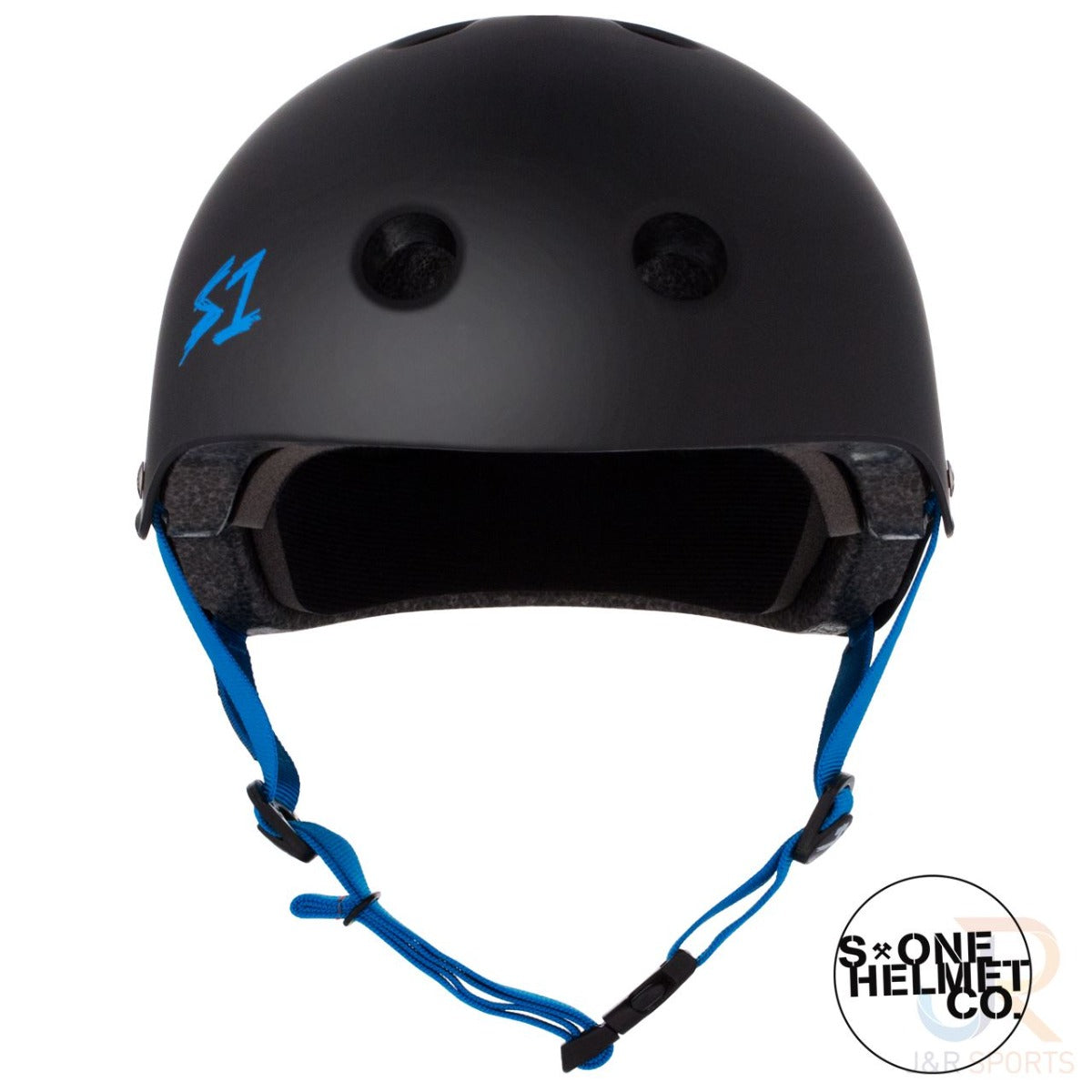 The S1 Lifer Skate / Scooter Helmet in Matte Black / Cyan features a cyan "S1" logo on the side. It includes ventilation holes, a cyan adjustable chin strap, and EPS Fusion Foam padding inside for enhanced comfort and safety. The "ONE HELMET CO." logo appears in black on a white background in the bottom right corner.