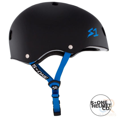 A matt black S1 Lifer Skate / Scooter Helmet with cyan adjustable straps and vents, featuring a cyan "S1" logo on the side. The "S-ONE HELMET CO." branding is visible in the bottom right corner, crafted with EPS Fusion Foam for superior protection.