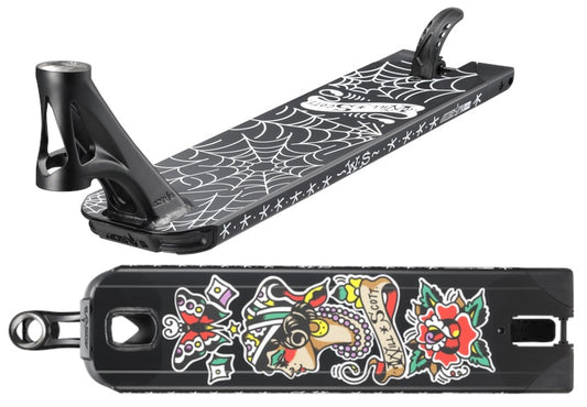 Explore the Blunt Envy AOS V5 LTD Will Scott Signature Stunt Scooter Deck, featuring a striking black web design on top. The underside boasts vibrant tattoo-inspired graphics including a butterfly, dagger, and flower, alongside "Lucky Scoot." Ideal for those who value style in their stunt scooter decks.