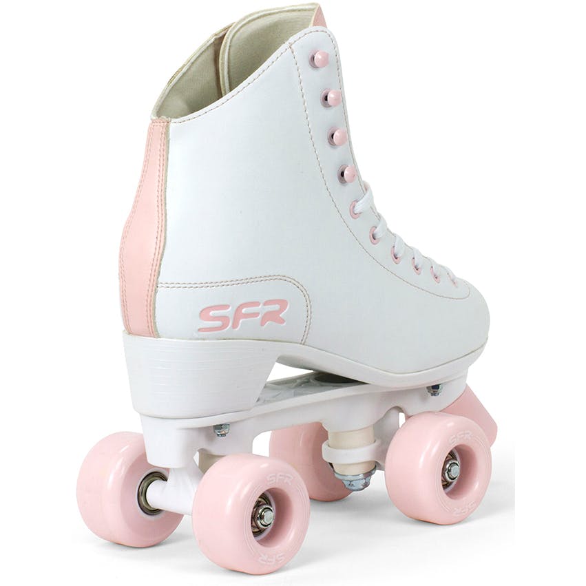 The SFR Figure Quad Roller Skates in white and pink feature a high boot for enhanced ankle support, pink polyurethane wheels, and stylish pink accents. The heel is adorned with the initials "SFR," making these skates perfect for beginners.