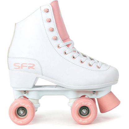 Introducing the SFR Figure Quad Roller Skates in White and Pink, these stylish beginner skates feature a high-top boot design with pink polyurethane wheels and accents. The iconic "SFR" logo is prominently displayed on both the boot and wheels, ensuring both style and functionality.