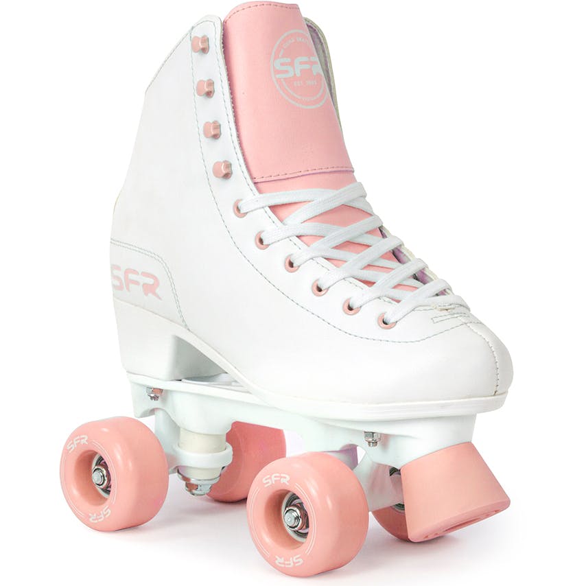 Introducing the SFR Figure Quad Roller Skates in White and Pink, featuring a classic boot design with sturdy heels and white eyelets for lacing. These beginner skates come with durable polyurethane wheels, an SFR logo on the tongue and side, and are perfect for those new to roller skating.