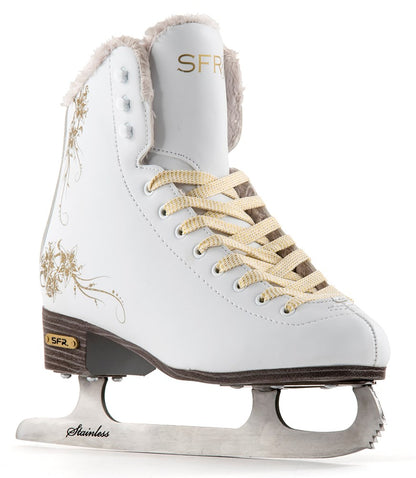 The SFR Glitra Figure Ice Skates - White by SFR are an eye-catching choice for beginner ice skaters, showcasing elegant gold floral patterns, a plush collar, and shimmering gold laces. Equipped with a stainless steel blade for excellent performance, these skates feature unique branding on both the heel and blade holder.