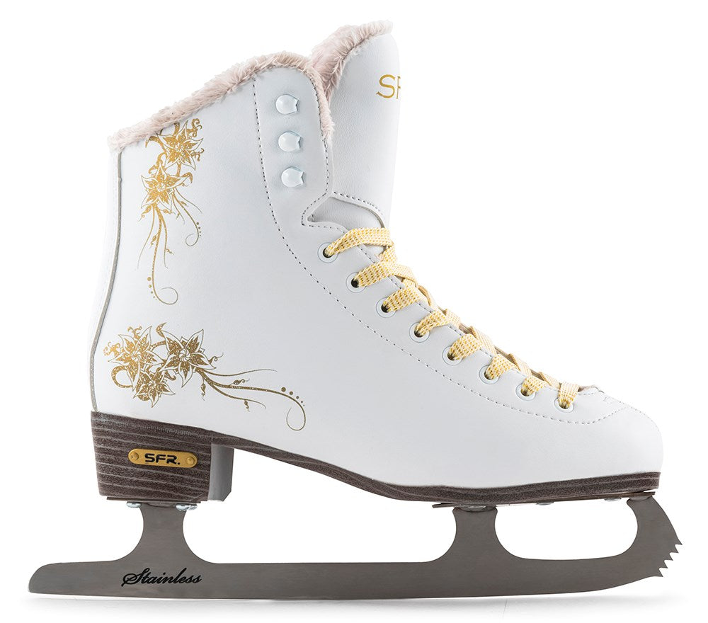 The SFR Glitra Figure Ice Skates - White combine elegant white boots with golden floral patterns, complemented by yellow laces and a warm faux fur lining. Ideal for novice skaters, these fashionable boots come equipped with stainless steel blades and prominently feature the "SFR" branding near the heel.