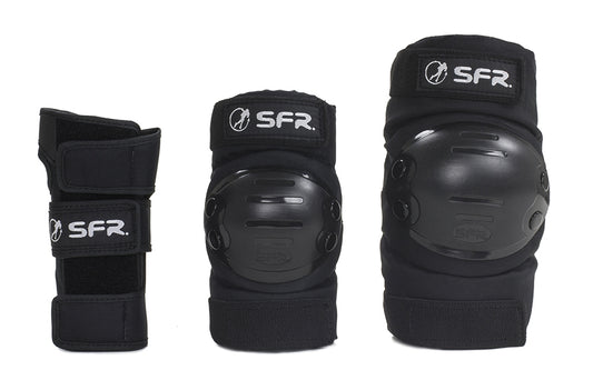 The SFR Youth Ramp Triple Skate Protection Pad Set in Black includes a wrist guard, elbow pad, and knee pad. Each item boasts a hard, smooth plastic shell and adjustable Velcro straps with impact caps, ensuring enhanced safety. The brand "SFR" is prominently displayed on the straps for top-notch protection while skateboarding.