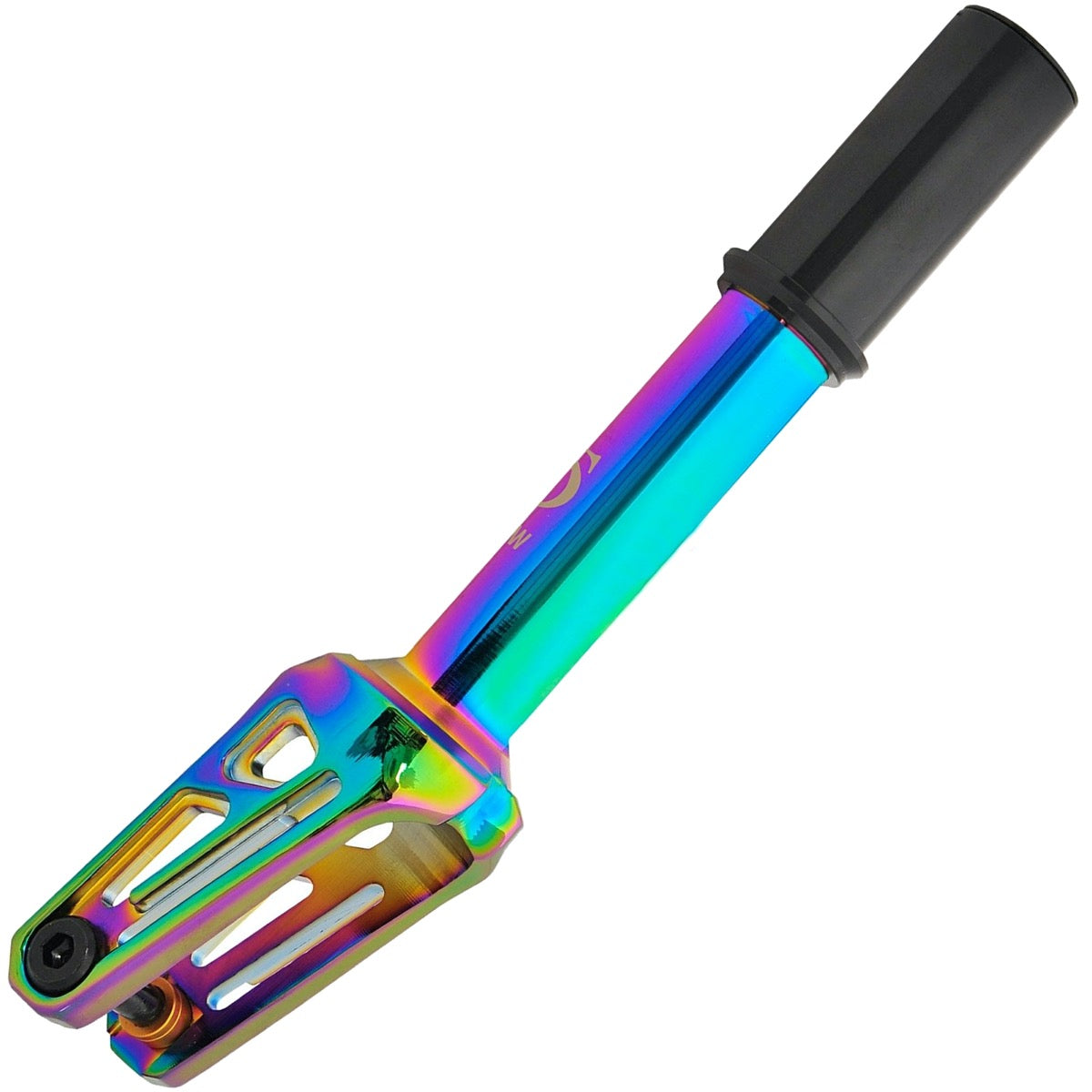 Introducing the Oath Shadow IHC Stunt Scooter Fork - Neochrome: a vibrant and metallic scooter fork by Oath, characterized by its sleek, thicker core design. It boasts an impressive gradient finish with blue, green, and purple hues for enhanced corrosion resistance. The black top section is equipped with mounting holes for simplified attachment.