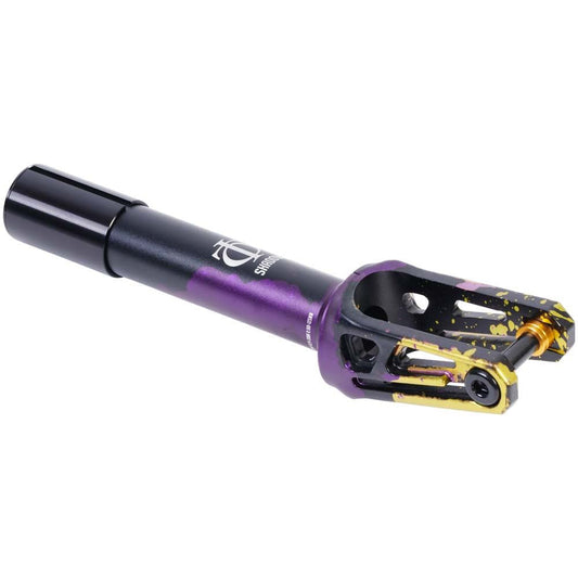 The Oath Shadow SCS/HIC Stunt Scooter Fork, created by Oath, comes in a striking combination of black and iridescent purple. It features a vibrant paint splatter design in yellow and gold tones and boasts corrosion-resistant properties with an easy attachment bolt at the base.