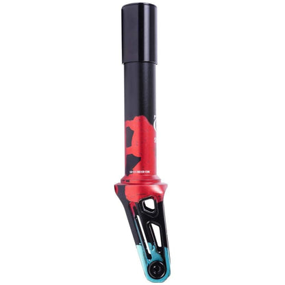 Introducing the Oath Shadow SCS/HIC Stunt Scooter Fork: a stunning black, teal, and red scooter fork crafted from durable 6061 T6 Aluminum, providing superior corrosion resistance. Its sleek design features a black upper section with a metallic multicolored lower part, delivering a modern and sporty appearance with angular cutouts.