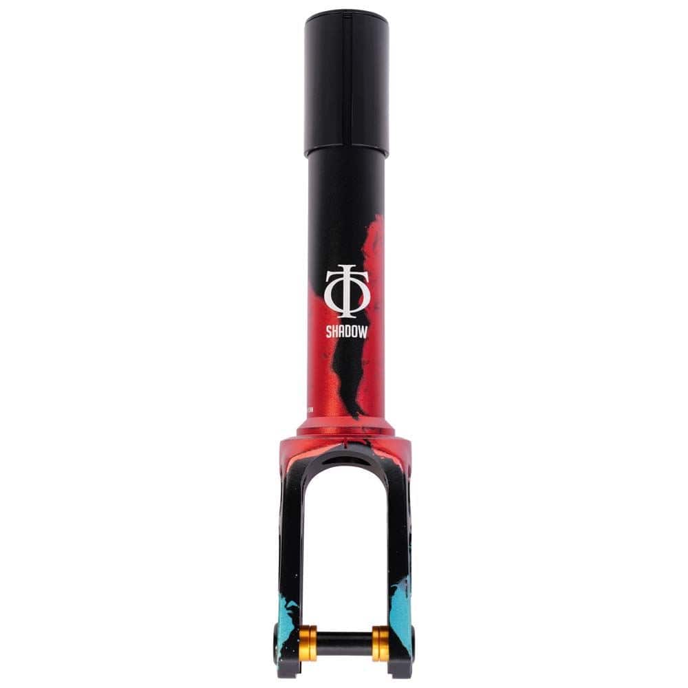 Close-up of the vibrant Oath Shadow SCS/HIC Stunt Scooter Fork in black, teal, and red. The word "Shadow" is accompanied by a stylized logo. Constructed from 6061 T6 Aluminium, the fork offers corrosion resistance and features sleek, modern aesthetics with gold-colored hardware.