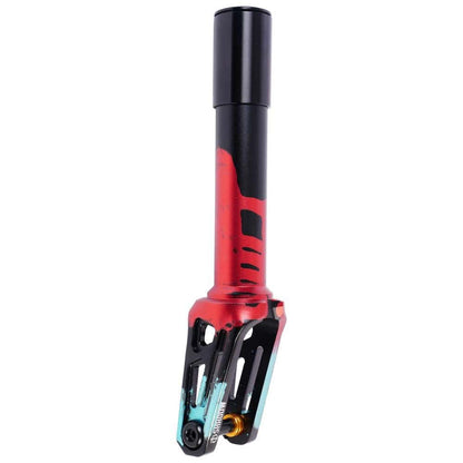 Introducing the vibrant Oath Shadow SCS/HIC Stunt Scooter Fork, crafted from high-quality materials. This colorful fork showcases a harmonious blend of black, teal, and red hues with sleek cutouts and sturdy design elements, offering enhanced corrosion resistance and modern engineering at its finest.