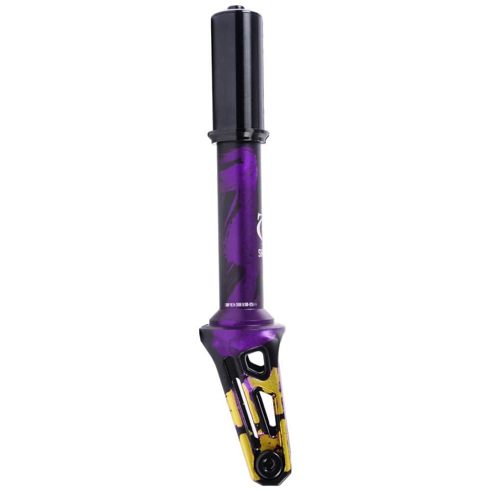 The Oath Shadow IHC Stunt Scooter Fork, manufactured by Oath, features a vibrant purple shaft enhanced with bold black and yellow details at the base. Its crafted 6061 T6 Aluminium construction and angular geometric design make it perfect for freestyle or stunt scooters in the competitive scooter market.