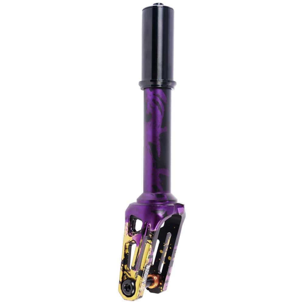 Close-up of the Oath Shadow IHC Stunt Scooter Fork, crafted from 6061 T6 Aluminium. This vibrant scooter fork showcases a purple stem with a black top, while its lower section is adorned with a metallic gold design, creating a detailed and industrial aesthetic that distinguishes itself in the scooter market.