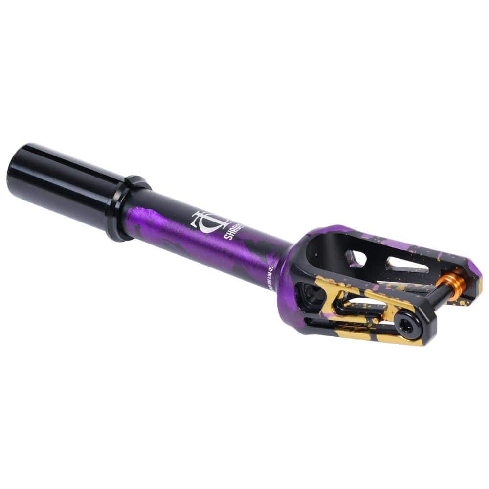 Introducing the Oath Shadow IHC Stunt Scooter Fork, made from robust 6061 T6 Aluminium. This eye-catching scooter fork boasts a lively color scheme of purple, yellow, and black with detailed patterns. It has a stylish metallic finish and includes a black cylindrical section for seamless attachment in the scooter market.