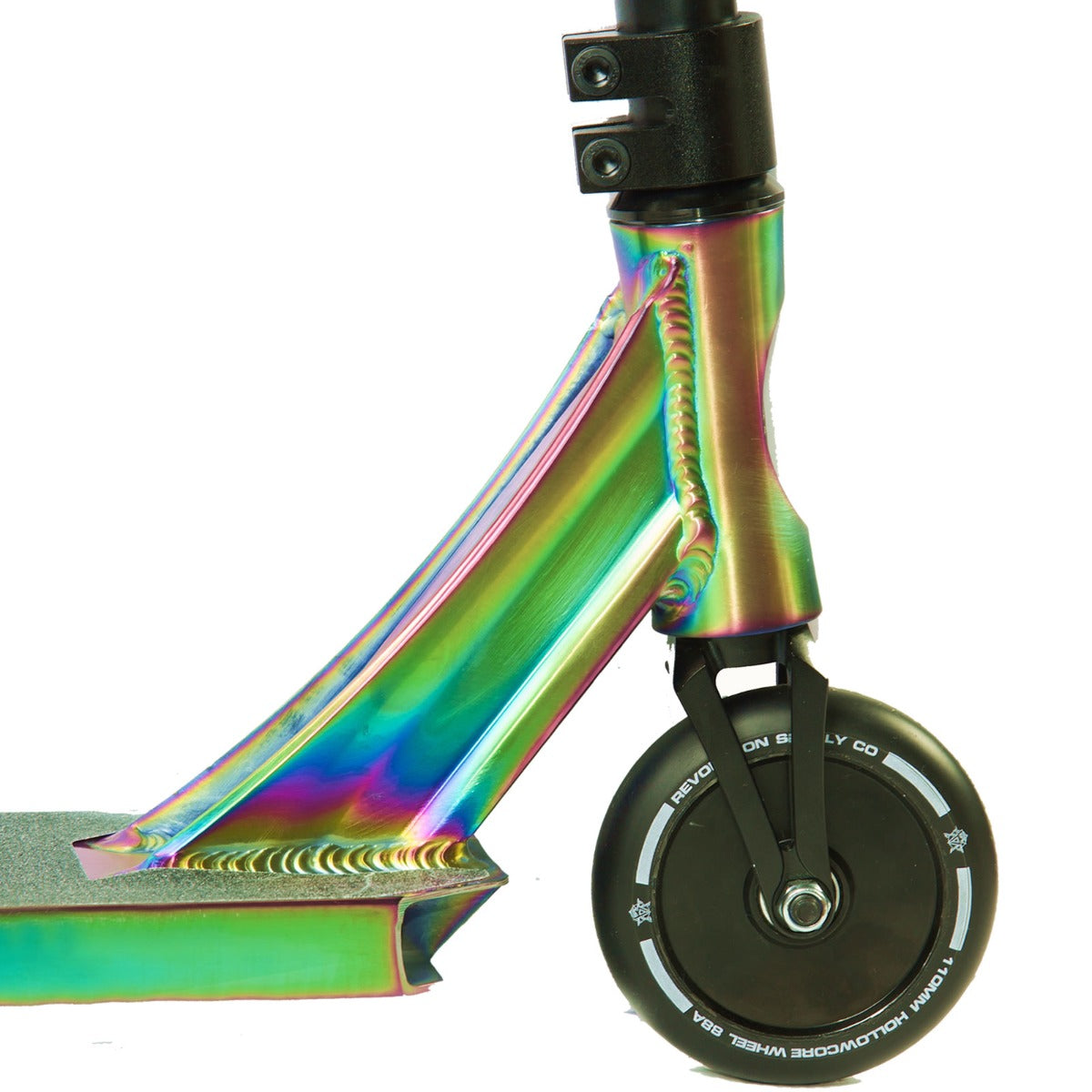 Close-up of the Revolution Storm Complete Stunt Scooter - Neochrome's front wheel and deck, showcasing its multicolored metallic finish and visible welds. The wheel features a black hub and tire adorned with white text, emphasizing the vibrant, reflective surface of the scooter's frame and hollow core wheels.