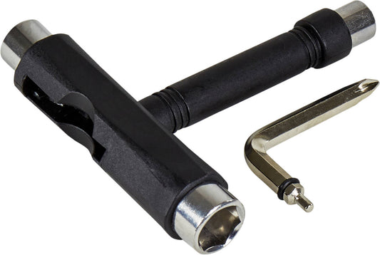 Next to a silver L-shaped Allen key is the Essentials Skateboard Multi T-Tool in black, featuring silver sockets and a kingpin socket. The T-tool includes a wrench socket on each end and a precision tool in the center. The Allen key also comes with an extra small axle nut socket attached.