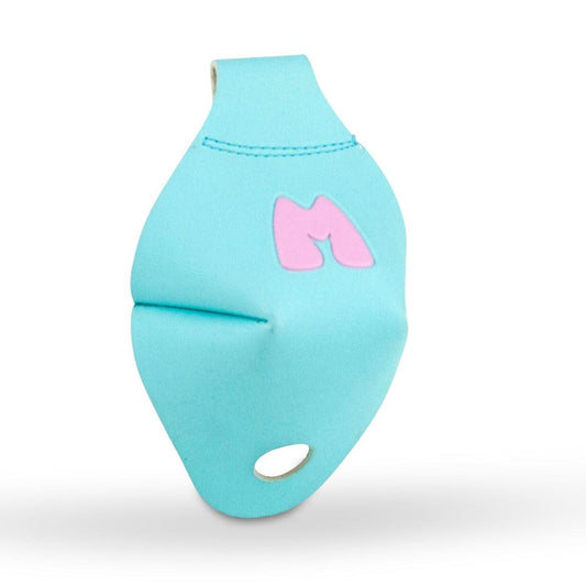 The Moxi Beach Bunny Roller Skate Toe Caps in Sky Blue feature a pink "M" logo and a small hole at the bottom. Designed specifically for Moxi Roller Skates, they offer a smooth texture and serve as a fashionable protective accessory.