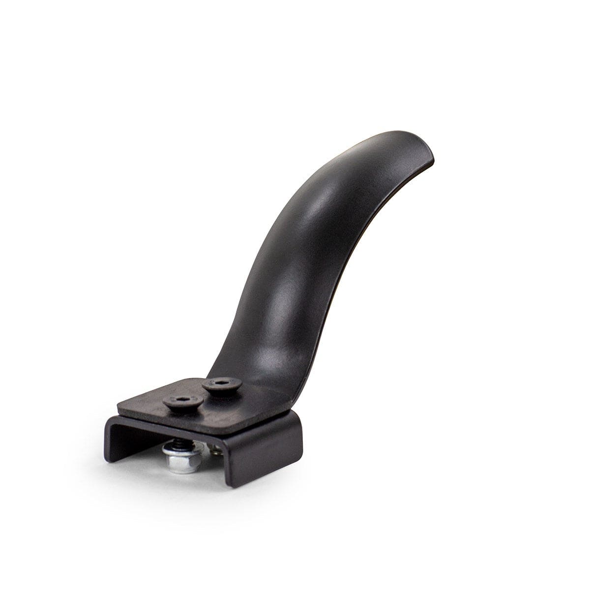 A bent black rubber kickstand featuring a flat metal mounting bracket and bolt, designed for bicycles. Made from a Carbon Steel composite, this kickstand is angled to display its underside and attachment hardware, offering braking performance similar to the Slamm Convex 110mm Flex Brake - Black by Slamm.