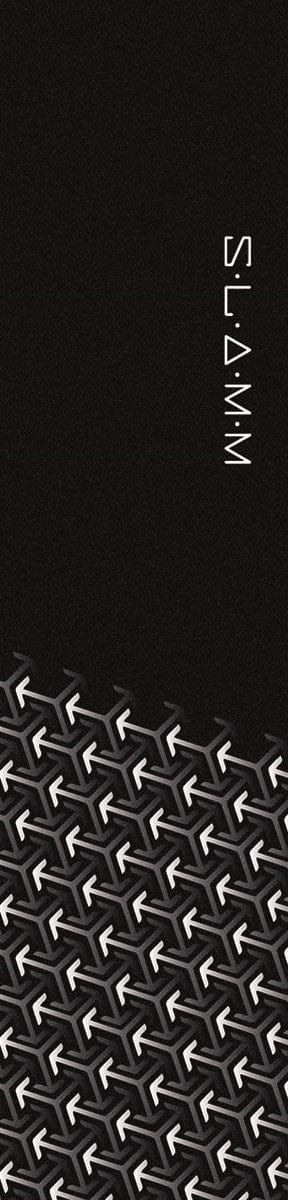 Abstract design with a black background is showcased on the bottom half, featuring a repeating pattern of angular, interlocking shapes in gray and white. Vertical text, "SLAM73," appears along the right edge, mirroring the premium craftsmanship found in Slamm Stunt Scooter Griptape - Arrow for top-notch grip.