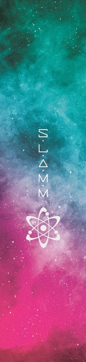 The Slamm Stunt Scooter Griptape - Nebula features a high-quality, abstract galaxy-themed background in teal and pink hues, accented by white dots that resemble stars. Alongside a stylized atomic symbol, the word "SLAMM" is displayed vertically, evoking the precision associated with Slamm's designs.