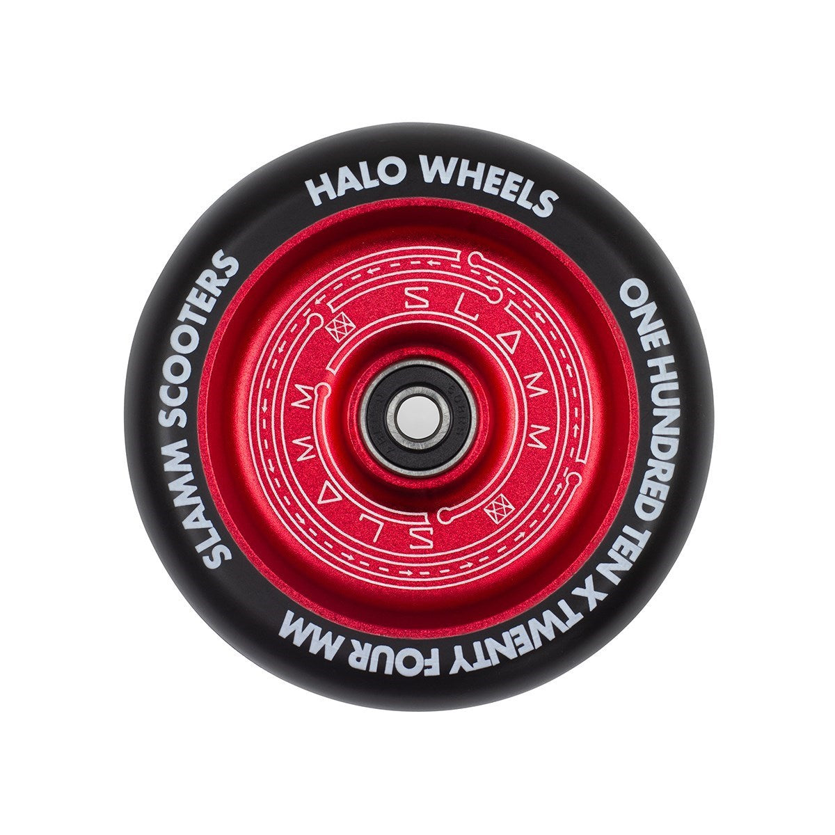 Close-up of a red scooter wheel with intricate patterns. The black tire prominently displays the text "Halo Wheels," "Slamm Scooters," and "110mm x 24mm," emphasizing its identity as the Slamm Halo Deep Dish 110mm Stunt Scooter Wheel in Red, perfect for stunt scooters.