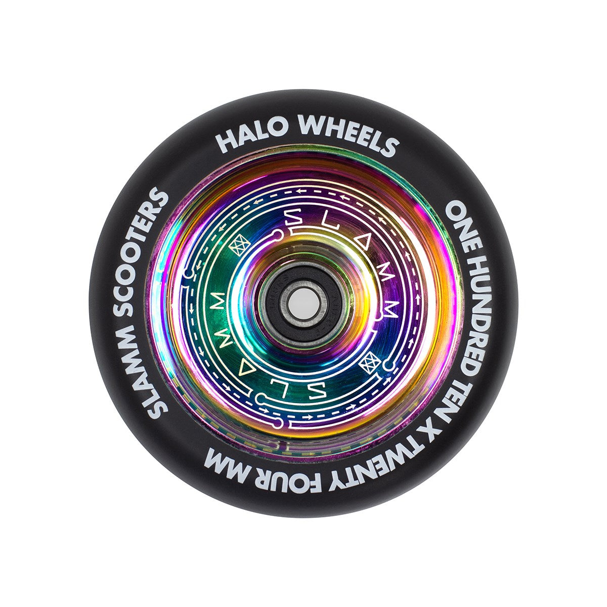 The vibrant Slamm Halo Deep Dish 110mm Stunt Scooter Wheel in Neochrome boasts a reflective core made from durable 88A urethane. Its black outer rim is embellished with the text "Slamm Scooters Halo Wheels One Hundred Ten x Twenty Four mm," making it ideal for stunt scooters.