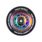 The vibrant Slamm Halo Deep Dish 110mm Stunt Scooter Wheel in Neochrome boasts a reflective core made from durable 88A urethane. Its black outer rim is embellished with the text "Slamm Scooters Halo Wheels One Hundred Ten x Twenty Four mm," making it ideal for stunt scooters.