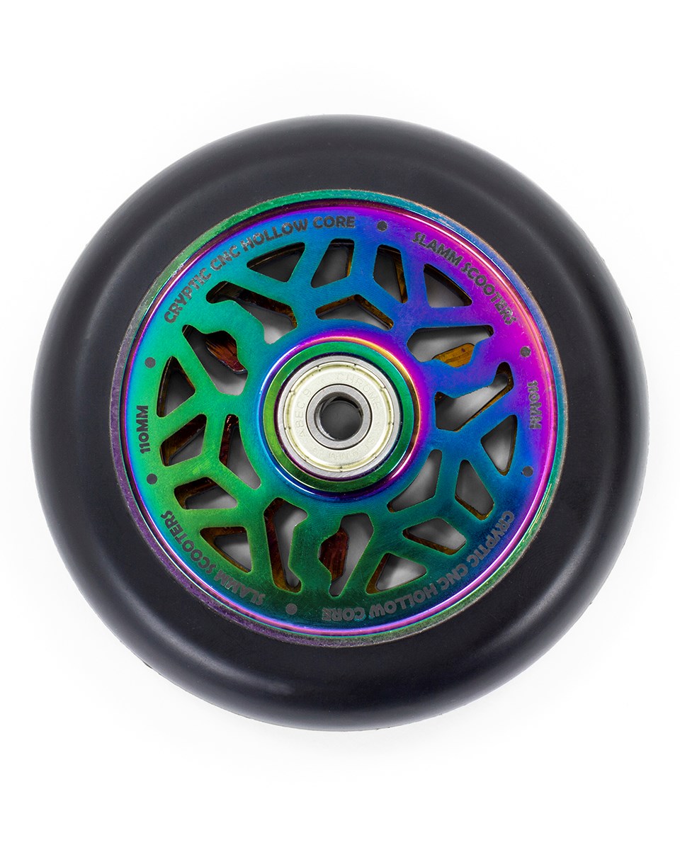 The Slamm Cryptic 110mm Stunt Scooter Wheel in Neochrome boasts a striking hollow core design with CNC-cut aluminum cores. Its outer black layer provides an elegant contrast, and the center is equipped with ABEC-9 chrome bearings to ensure a smooth ride.