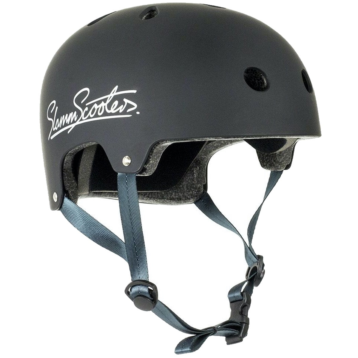 The Slamm Logo Skate/Scooter Helmet in black, tailored for scooter enthusiasts, prominently displays "Slamm Scooters" on the side. It complies with EN1078 safety standards and is equipped with ventilation holes and adjustable chin straps with a buckle to ensure comfort and safety.