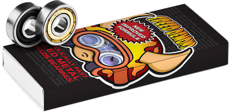 The Speed Demons ABEC 5 Hot Shot Skateboard Bearings - 8 Pack comes in a package adorned with an illustrated character in goggles and a helmet. The text on the packaging reads "Speed Demons" and "New Improved Formula," making it ideal for enhancing your skateboard setup.