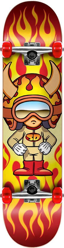 The Speed Demons Characters Hot Shot Complete Skateboard - 7.5" x 31", made by Speed Demons, features a sturdy 7-ply maple deck adorned with an energetic design of a cartoon character wearing goggles and a horned helmet amidst bright red, orange, and yellow flames. This dynamic look is perfectly matched with its 52mm red wheels and trucks.