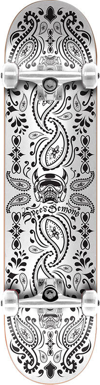 A skateboard expertly made from 7-ply maple, featuring detailed black and white paisley designs across the deck. At the center, "Speed Demons" is displayed in a stylized font. The symmetrical patterns and abstract motifs are enhanced by robust 52mm wheels that ensure a smooth ride. This is the Speed Demons Bandana Black / White Complete Skateboard - 8" x 32".