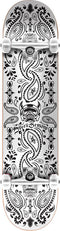 A skateboard expertly made from 7-ply maple, featuring detailed black and white paisley designs across the deck. At the center, "Speed Demons" is displayed in a stylized font. The symmetrical patterns and abstract motifs are enhanced by robust 52mm wheels that ensure a smooth ride. This is the Speed Demons Bandana Black / White Complete Skateboard - 8" x 32".