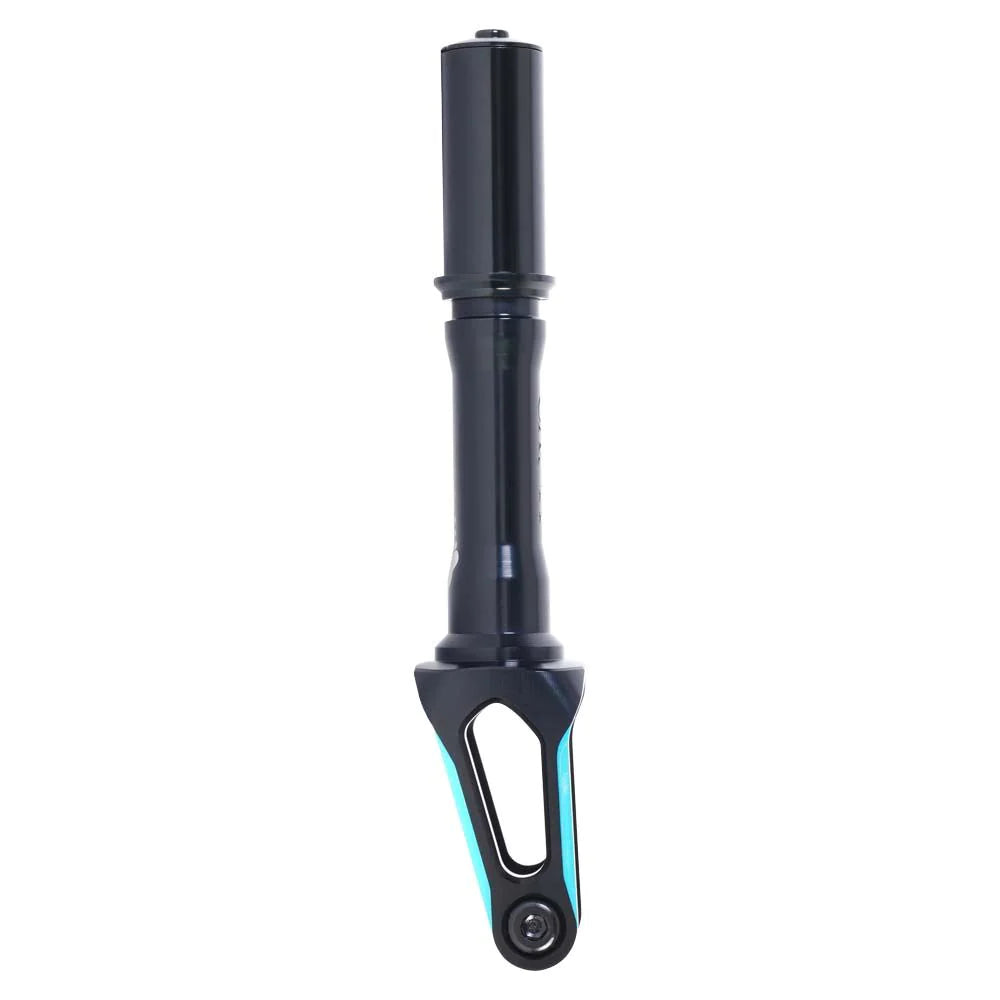 The Oath Spinal IHC Stunt Scooter Fork in Black and Blue is a stylish fork designed with 6061 T6 Aluminum, featuring a sleek cylindrical top and angular lower section with a blue accent for optimal shock absorption in stunt scooters.