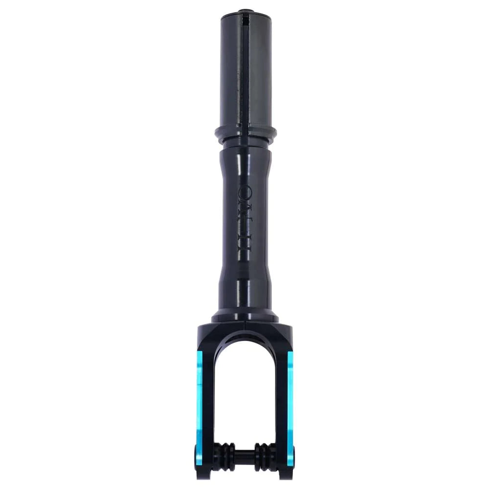 The Oath Spinal IHC Stunt Scooter Fork, in a sleek black with striking blue details, is expertly crafted from durable 6061 T6 Aluminium. This lightweight fork features a cylindrical stem engraved with text and a forked bottom designed to securely attach scooter wheels, all with smoothly rounded edges.