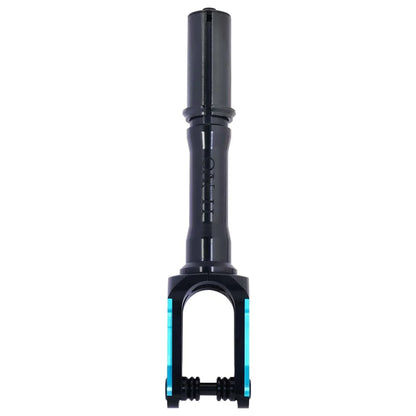 The Oath Spinal IHC Stunt Scooter Fork, in a sleek black with striking blue details, is expertly crafted from durable 6061 T6 Aluminium. This lightweight fork features a cylindrical stem engraved with text and a forked bottom designed to securely attach scooter wheels, all with smoothly rounded edges.