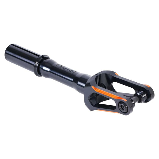 The Oath Spinal IHC Stunt Scooter Fork, made with Forged 6061 T6 Aluminium, features an eye-catching black and orange anodized finish and includes a built-in axle for effortless wheel installation. This lightweight fork from Oath promises both durability and style for every ride.