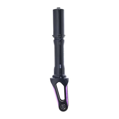 The Oath Spinal IHC Stunt Scooter Fork is a lightweight, durable telescopic suspension fork in black, crafted from Forged 6061 T6 Aluminium. It features a sleek design with purple accents on the lower section and is displayed against a plain white background.