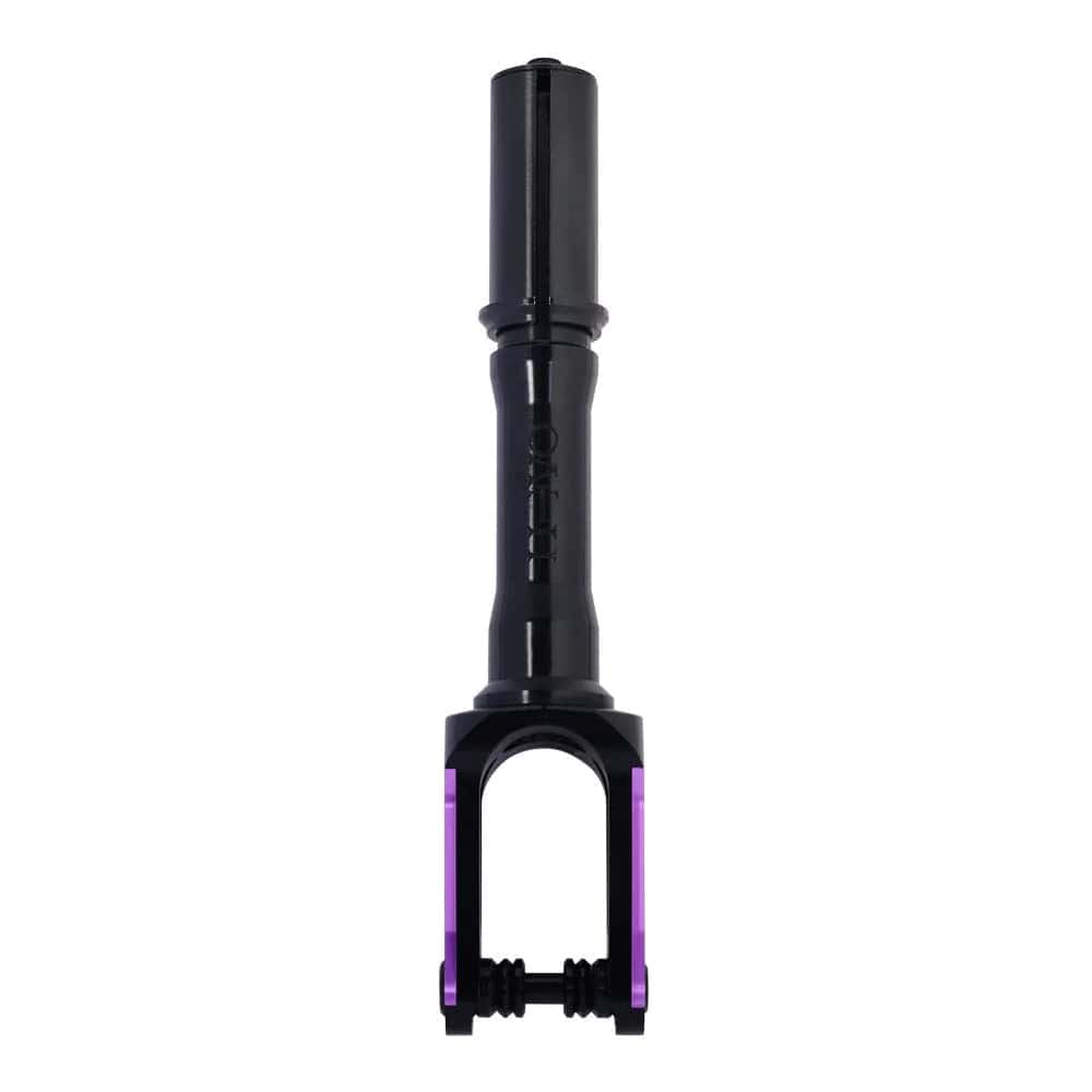 The Oath Spinal IHC Stunt Scooter Fork in Black and Purple features a stylish design, constructed from lightweight and durable forged 6061 T6 Aluminium. Set against a white background, its cylindrical top and open bottom bracket ensure easy wheel attachment.