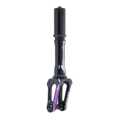 The Oath Spinal IHC Stunt Scooter Fork in black and purple is expertly crafted from Forged 6061 T6 Aluminium, known for its lightweight durability. It showcases a cylindrical upper section paired with lower parallel prongs, with the brand name "Oath" printed vertically on the side.