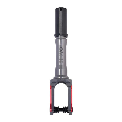 The Oath Spinal IHC Stunt Scooter Fork in Red and Titanium is a lightweight, metallic device with a black top cylinder and a silver body made from 6061 T6 Aluminium, featuring a forked bottom in red and gray. The brand name "Oztec" is etched on the silver part.