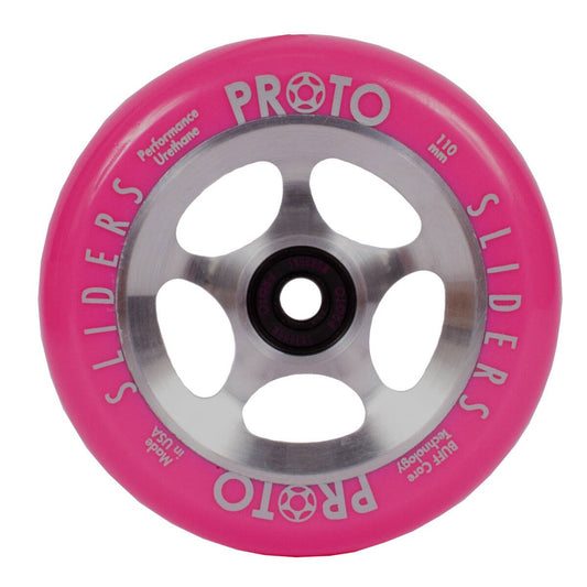 The Proto Sliders Starbright 110mm Stunt Scooter Wheel, in a striking pink with a raw aluminum anodized core, is engineered for top-tier performance. It features "Performance Urethane" and "110 mm" on the outer edge, combining style with superior functionality.