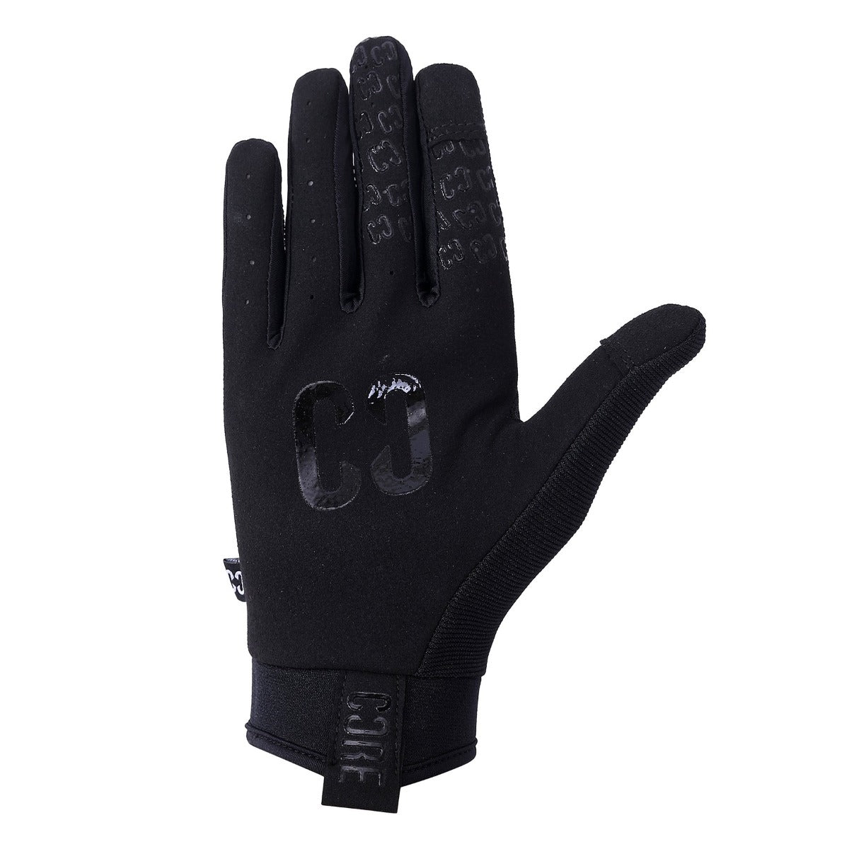 Introducing the CORE Aero Skate Protection Gloves in Stealth Black by CORE. These gloves feature a textured grip pattern on the fingers and a discreet logo on the back, making them ideal for riding enthusiasts. The touch screen-friendly design is showcased palm down, emphasizing their snug wrist fit and sleek appearance.