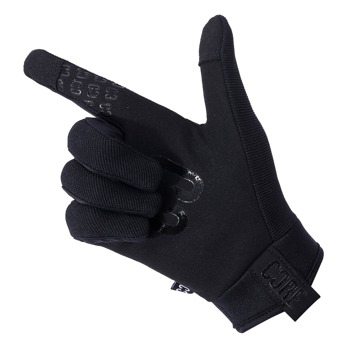 The CORE Aero Skate Protection Gloves in Stealth Black, crafted by CORE, are shaped into a gun form with the index finger and thumb extended while the other fingers are curled inward. The grip-enhancing textured pattern on the index finger and the lettering on the wrist strap contribute to its unique style.