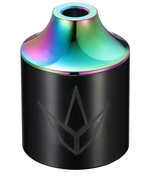 The Blunt Envy Street Stunt Scooter Peg Oil Slick Neochrome - Front is a sleek black metal cylinder with a shiny, rainbow-colored conical top. It boasts an etched geometric design on the side and is crafted from durable chromoly steel, offering both style and strength—perfect for enhancing your scooter setup.