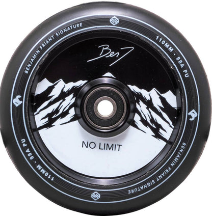 The Striker Benj No Limit 110mm Stunt Scooter Wheel in black showcases mountain graphics at its center, combined with an aluminum core to boost performance. Elegantly displayed on the wheel are the words "No Limit" and "Striker Benj No Limit Signature Scooter Wheels," commemorating the Benjamin Friant Signature edition.