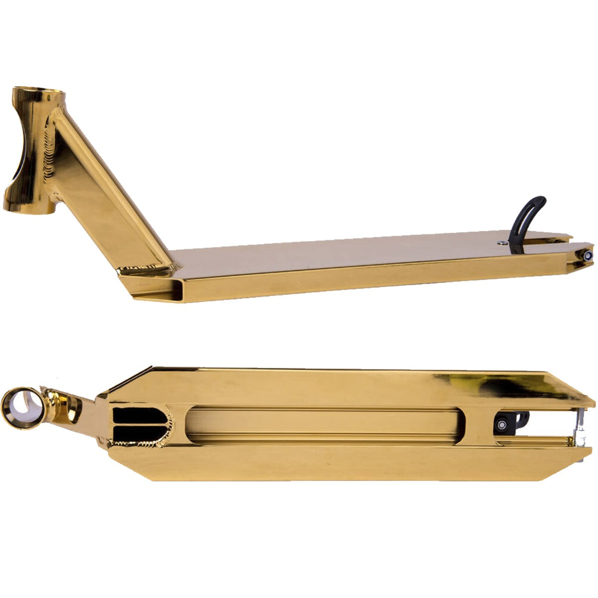 The Striker Lux Gold Stunt Scooter Deck - 4.5" x 19.7", manufactured by Striker, is crafted from robust aluminum 6061 T6, making it ideal for park enthusiasts. Displayed from two perspectives, it reveals the top grip area complete with a brake and the hollow side interior, while its metallic finish offers a sleek and shiny appearance.