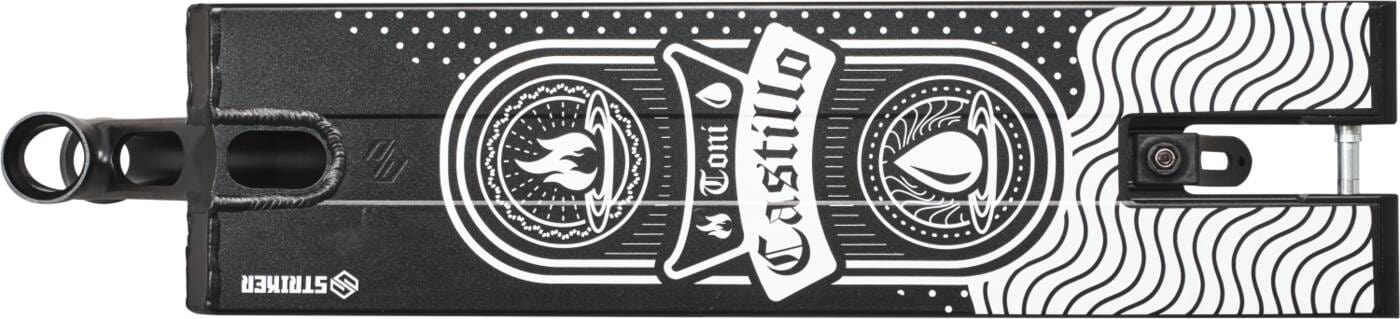 The Striker Toni Castillo Wave Black Stunt Scooter Deck, measuring 5.75" x 23", showcases intricate designs with flames and geometric patterns in black and white. Made from durable Aluminum 6061 T6, it features bold symbols and the word "Destroyer" prominently displayed at its center.
