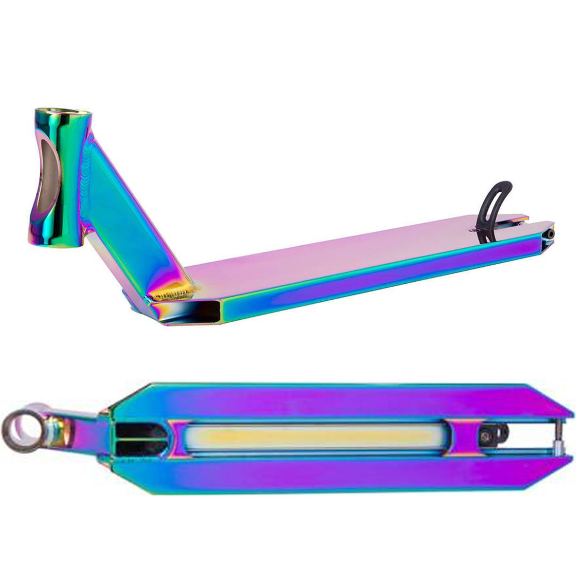 A vibrant Striker Lux Rainbow Neochrome Stunt Scooter Deck is depicted from two angles. The top image showcases the side view, emphasizing the elegant curved neckline. The bottom image presents the 4.5" x 19.7" aluminum 6061 T6 deck from above, highlighting its glossy, reflective finish and sleek design ideal for park riders.