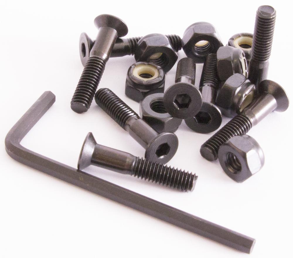 A set of Sushi Skateboard Allen Truck Bolts, measuring 1 1/8 inches and colored black, is displayed on a white background. The bolts, accompanied by nuts and an Allen key, are scattered randomly to highlight the diverse designs.