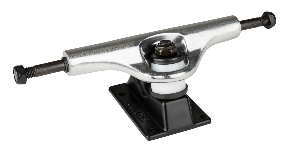 Sushi Pagoda Silver / Black Skateboard Trucks, sized at 133mm, come equipped with high-tensile steel axles and a black base. They feature a visible kingpin and durable PU 90A bushings in white.